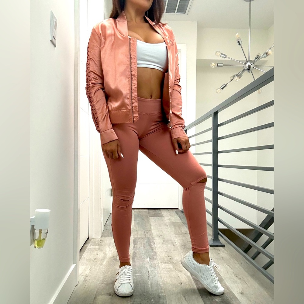 PUMA Satin T7 Lux Jacket and Leggings in Cameo Brown, Size Small